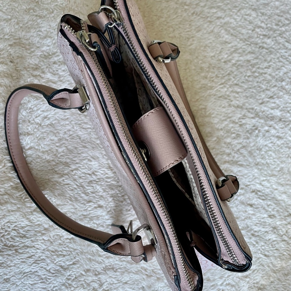 GUESS Blush Pink Allover Logo Monogram Satchel Hand Bag Purse - Picture 7 of 13